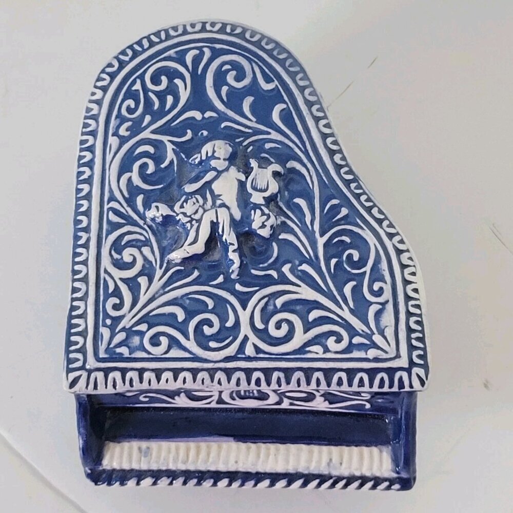 Baby Grand Piano Trinket Box Ceramic Blue And White Janet Williamson 1972 Marked